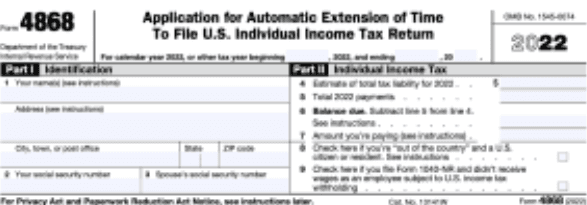 Picture of top of IRS Form 4868: Application for Automatic Extension of Time to File U.S. Individual Income Tax Return
