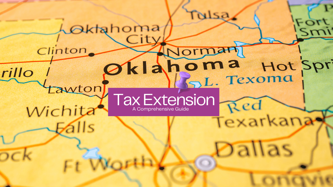 Map of Oklahoma with a push pin in a post that states Tax Extension Guide