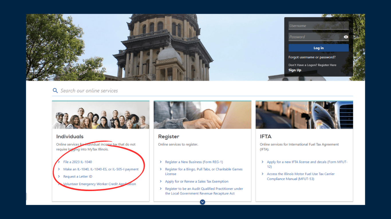 Screen print of the MyTaxIllinois website showing you where to click to pay your tax extension.