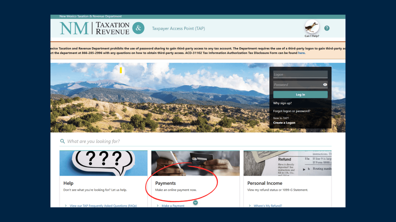 New Mexico Screenshot of the Tax Access Point Portal