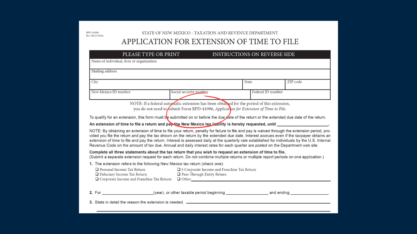 Screenshot of the New Mexico Tax Extension Form RPF-41096