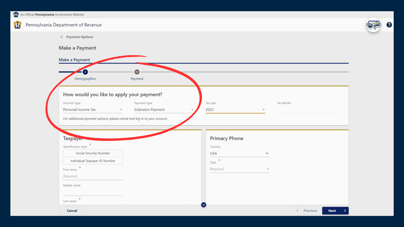 Make Payment selection on the MyPATH for filing a PA Tax Extension